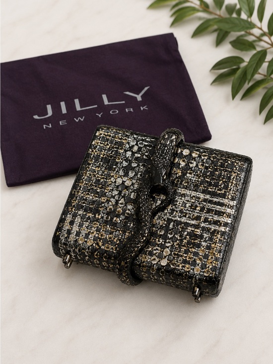 jilly new york Handbags - Jilly New York Black Metallic Exotic Skin Leather Clutch Bag w/ Dust Bag